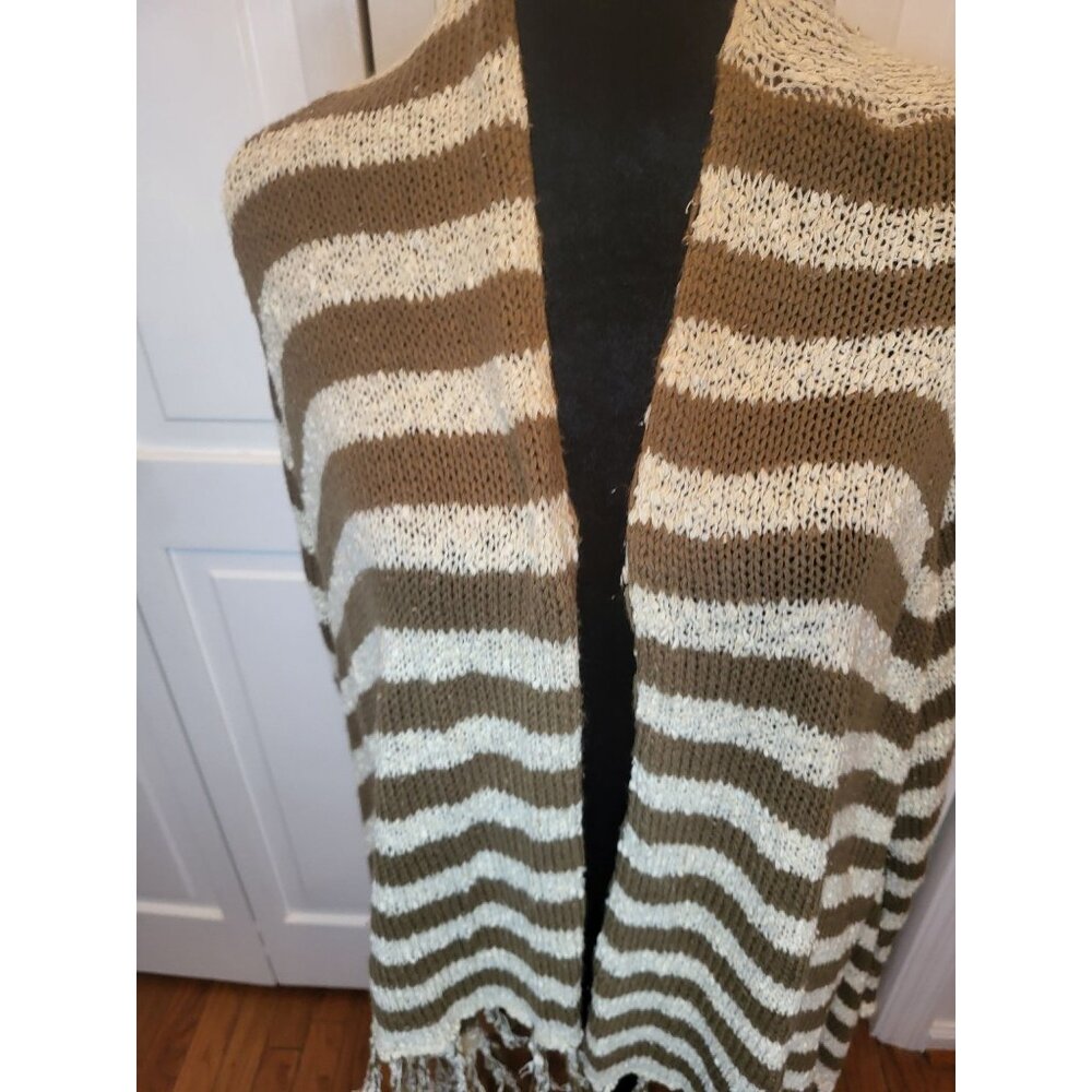 Olive/Ivory Stripe Sweater Cashmere/Cotton Blend Fringe S/M Boho Neutral n - Picture 3 of 8